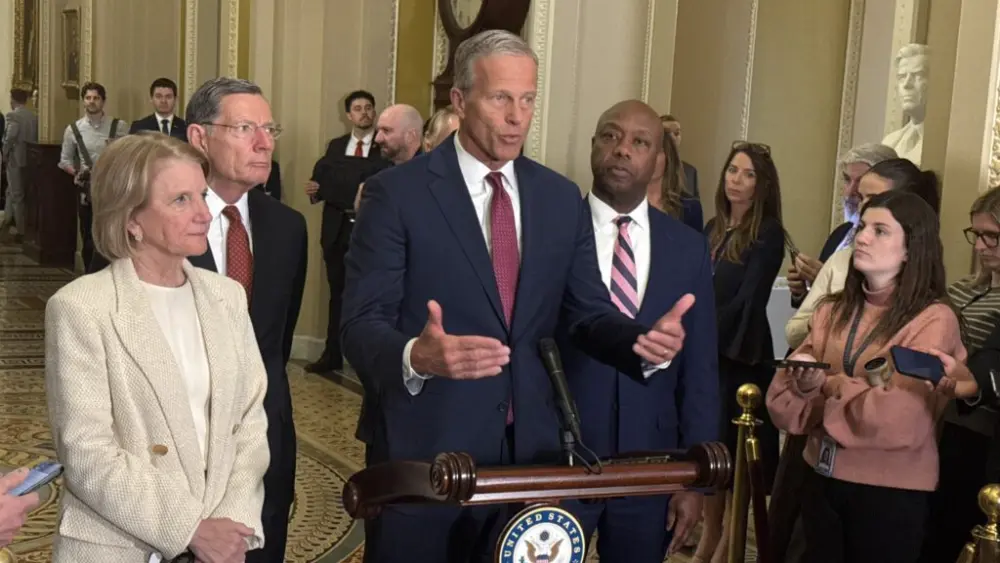 The U.S. Senate early June 5, 2026, passed a package of $70 billion in funding for immigration enforcement. Majority Leader John Thune, seen speaking on March 3, 2026, said GOP leaders were forced to draft the package after Democrats “walked away” from negotiations that could have placed restrictions on federal immigration agents. (Photo by Jennifer Shutt/States Newsroom)