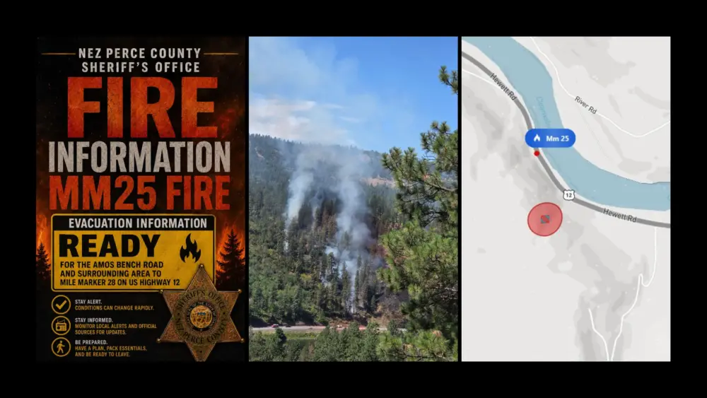 Photo courtesy of the Nez Perce County Sheriff's Office. and Screenshot courtesy of the WFCA Fire Map (IRWIN data).