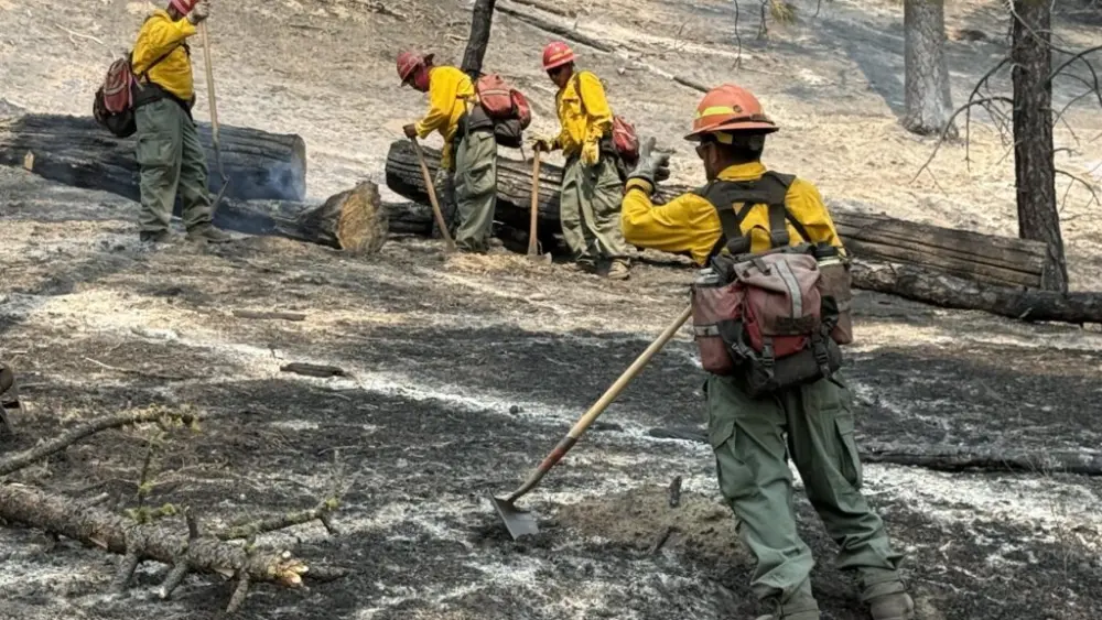 Crew 18 conducts mop-up operations on the Autumn Lane Fire, extinguishing remaining hot spots and securing the fire’s edge to prevent rekindling along the south eastern flank of the fire near the Little Spokane River. Mop-up is a critical phase of wildfire suppression that helps ensure the fire remains contained and reduces the risk of additional spread. (Photo courtesy of California Interagency Incident Management Team 7 and the Washington Department of Natural Resources/InciWeb)