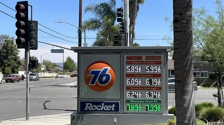 Gas prices start at $5.899 a gallon at a Union 76 station in Anaheim, Calif., April 5, 2026. Photo: Dave Mason / The Center Square