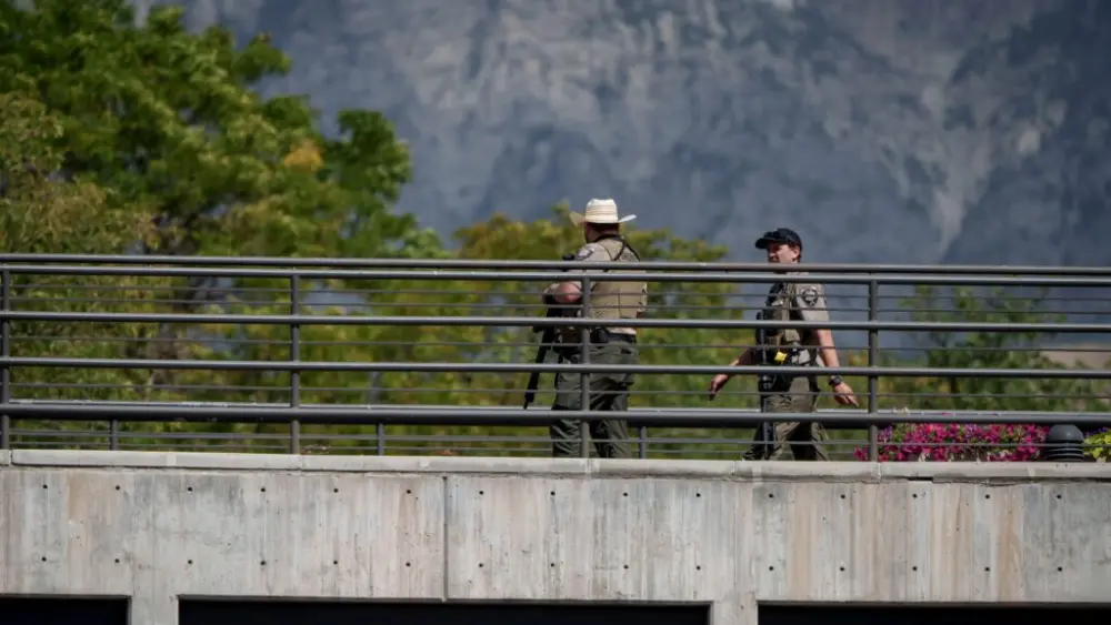 Law enforcement responds after conservative political commentator Charlie Kirk was shot and killed during an event at Utah Valley University in Orem on Wednesday, Sept. 10, 2025. (Photo by Spenser Heaps for Utah News Dispatch)