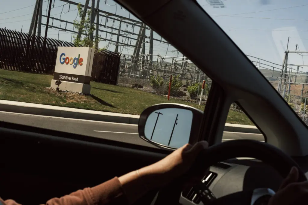 A driver passes a Google data center campus in The Dalles, Oregon. (Photo by Jordan Gale/Oregon Capital Chronicle)