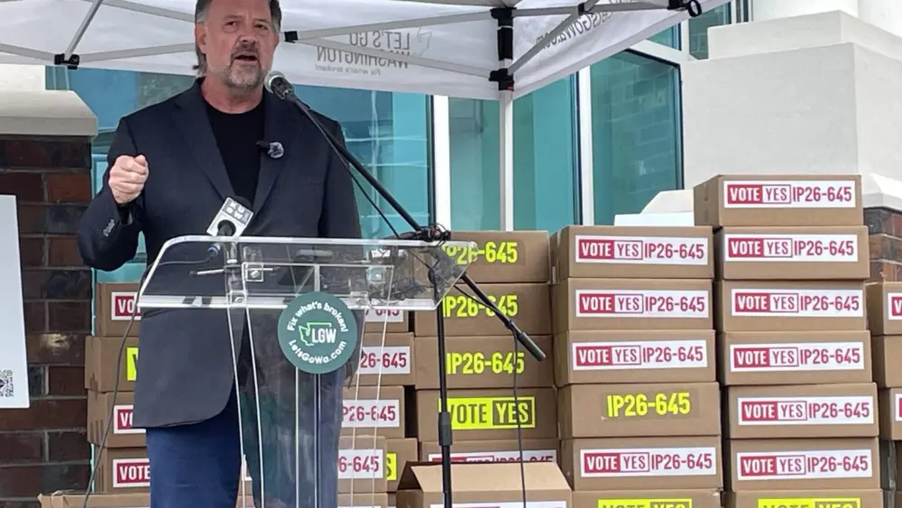 Brian Heywood, leader of Let's Go Washington, speaks at a press conference in Tumwater, Wash. on July 2, 2026 before the group turned in signatures for Initiative 645. (Photo by Jerry Cornfield/Washington State Standard)