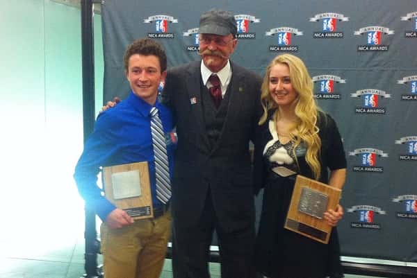Carson Beckett (left) and Jordan Horner (right) were presented the Trek All-Star Student Athlete Award by Gary Fisher (center). Fisher is known as the inventor of the modern mountain bike.