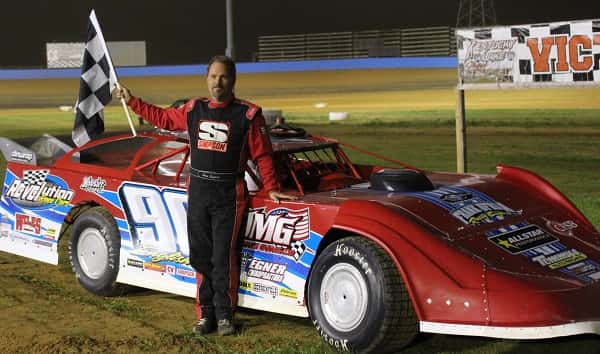 Terry English in the winner's circle after his win in the Late Model feature Saturday at KLMS.
