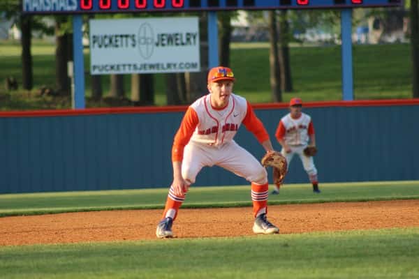Jackson Beal on third base, watching the batter. Photo by Savana Smothers