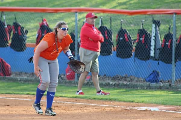 Kenslie Cross at first base against Calloway, was 2-4 at the plate with three RBI's in the Lady Marshals 11-3 win. Photo by Savana Smothers