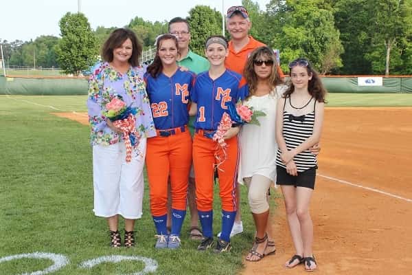 Lady Marshal seniors and families were honored before the game, (left to right) Kendra Stearns, Chaney Stearns, Terry Stearns, Hailey Harrell, Jeff Harrell, Kelli Harrell and Jordan Harrell.