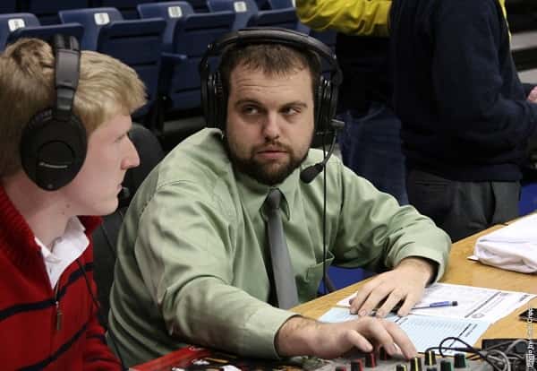 Kyle Rogers during his years as play-by-play radio commentator for Lady Racer Basketball. Photo MSU Racer Athletics