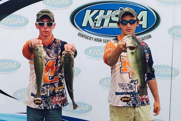 Barrett Washburn (left) and Austin Wade with their catch from Day 1 of the KHSAA State Bass Fishing Tournament.