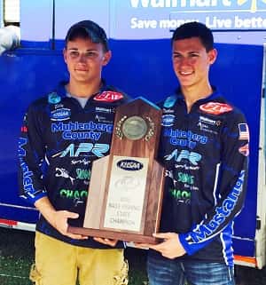 Muhlenberg County anglers Billy Hardison and Nathan Flener with their championship trophy.