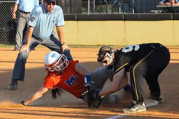 Bailey Murphy was safe at third base in the Lady Marshals district championship game against Murray.