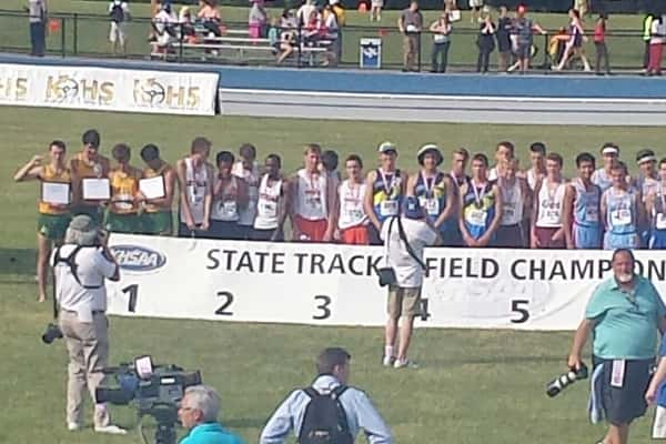 The 3rd place boy's 4 x 800 meter relay team of Jacob Carnine, Collin Gunn, Austin Shackleford and Robert Blankenship during the medal ceremony at Saturday's KHSAA Class 3A State Track and Field Championships. Special thanks to Melissa Gunn for providing the photos.
