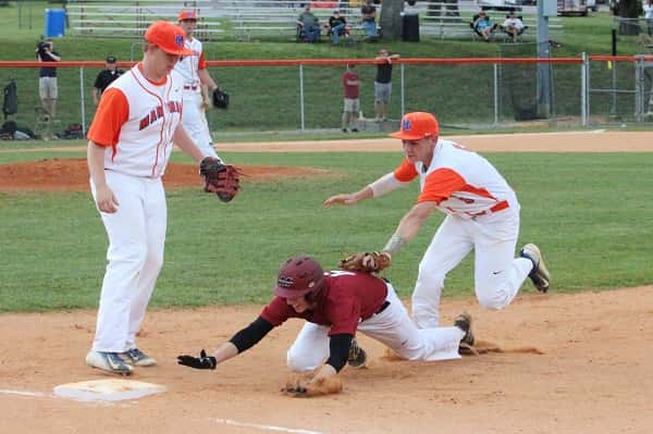 Caught between bases, McCracken's Keegan Breese is tagged out before he gets back to first by Blake Johnson.