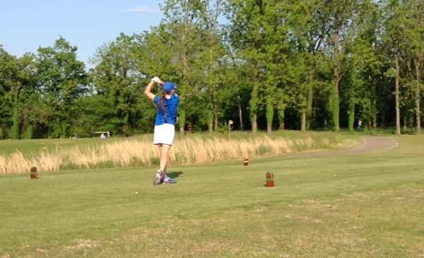 Cayce Hendrickson teeing off this spring at the Hermitage Golf Course in Nashville.