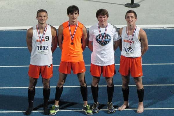 The boy's 4 x 400 meter relay team placed 6th at the state meet. (L-R) Nathan Solomon, Austin Shackleford, Robert Blankenship and Jacob Carnine.