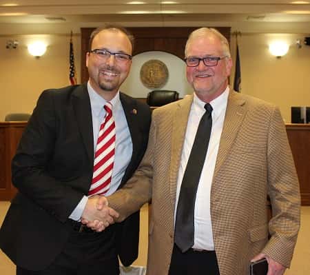 Jameson (left) is pictured with Judge Foust during today's retirement announcement