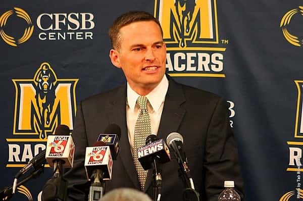 Matt McMahon addressing the media Wednesday after the announcement of his selection as the new head coach of the Racers. Photo by Tab Brockman