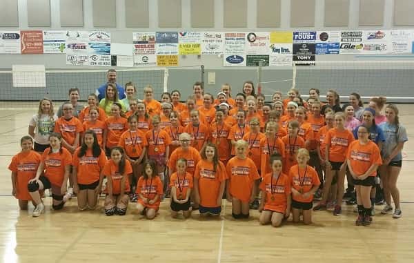 Campers stopped for a group photo on the final day of the Lady Marshals Volleyball camp.