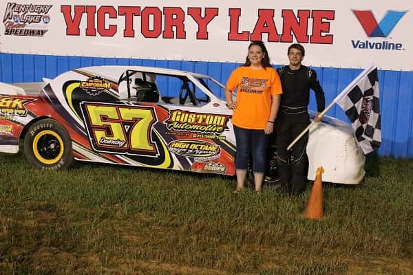 Keaton Downing of Gilbertsville, Ky., poses with KLMS trophy girl Hannah Morrison after his first-ever KLMS victory.