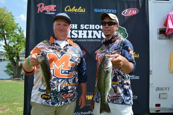 Kody Burdett (left) and Adam Fitch with their Day 1 catch from Pickwick Lake.