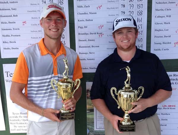 D.J. Pigg (left) and Patrick Newcomb following their Junior and Pro wins at Drake Creek.