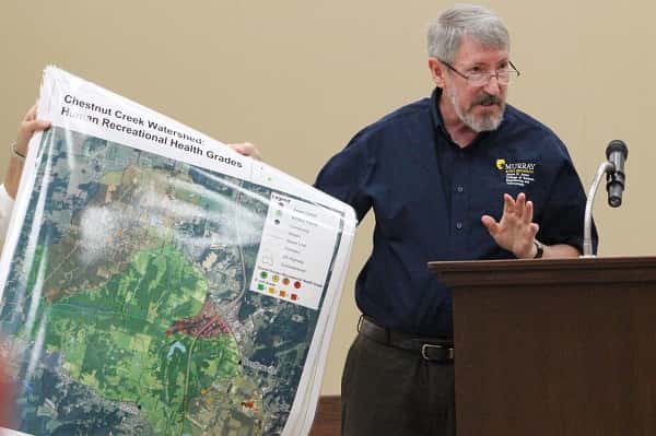 Dr. Mike Kemp, Professor at Murray State University, shows the map that identifies areas of concern along the Clarks River Chestnut Creek Watershed area.