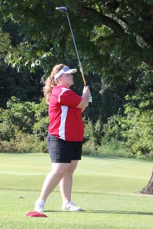 CFS golfer Maddie Ortt watches her ball from the first tee box at Calvert City Country Club.