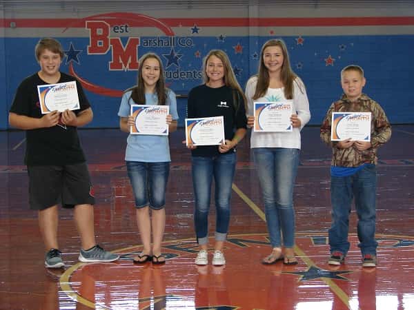 Students of the month Damien Corbett, Kelsey Thompson, McKenzie Elkins, Seth Adams (not pictured), Neely Northcott, and Ethan Young