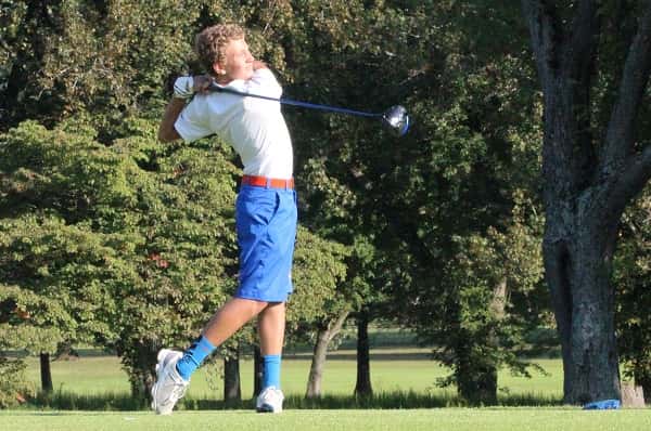 Tyler Powell teeing off on hole #5 at Calvert City Country Club Thursday.