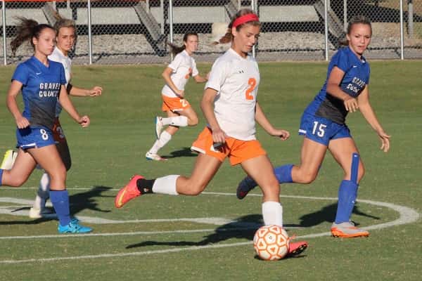 Brittany Kimbro with the ball against Graves County, scored the Lady Marshals first goal on their way to a 3-1 victory.