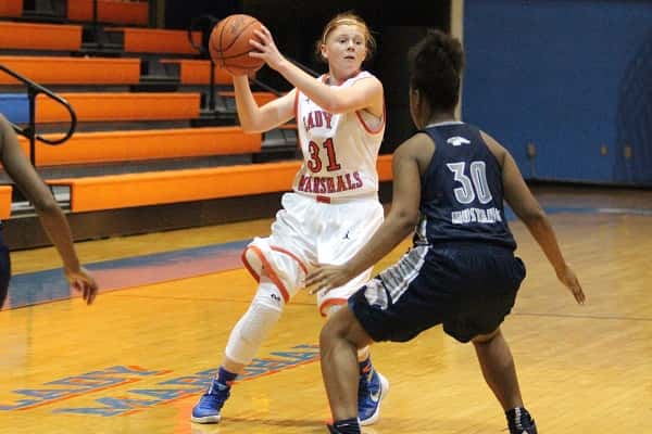 Miyah Davis, pictured here against Moore, scored 10 points in both Lady Marshal games against Arlington and Dyer County.