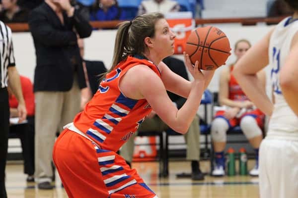 Hannah Langhi, at the free throw line against Tilghman, led the Lady Marshals with 22 points and 14 rebounds.