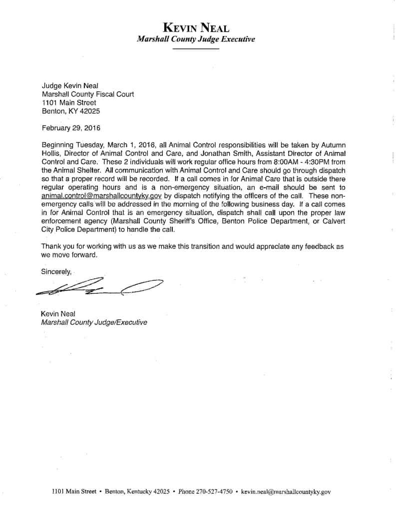 Letter Regarding Animal Control and Care