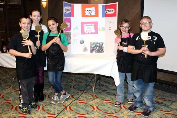 Team members (L-R) Daniel, Kinsley, Kaylee, Olivia and Steven from Sharpe Elementary with their Golden Spatula Awards for their 1st Place Cookies 'n Cream pancakes.