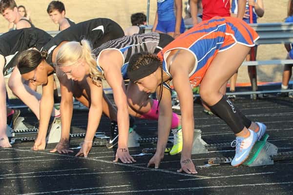 Marshall County's Gloria Freeman in the blocks for the 100 meter dash, placed 9th in a field of 84 in the event.