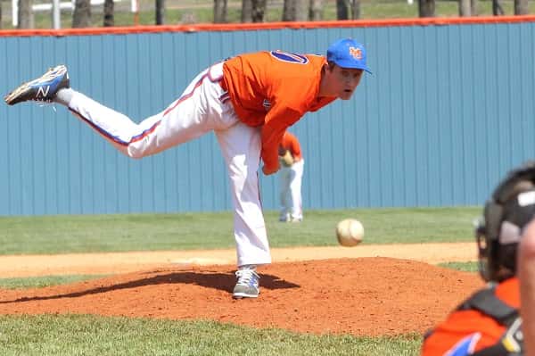Griffin Ives pitching for the Marshals against Clayton, Mo. March 26th. 