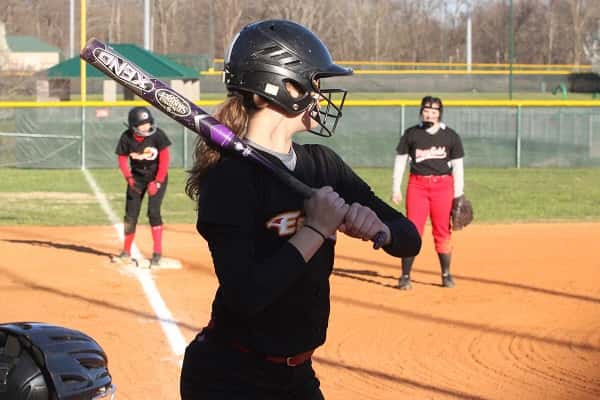 Abigail Cima, at bat in an earlier game this season, hit a triple, 2 singles and drove in 2 runners in the Lady Eagles 13-1 win over Fulton City.