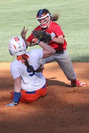 Abby Fiessinger slides into second base for a double in the Lady Marshals game Thursday against Calloway County.