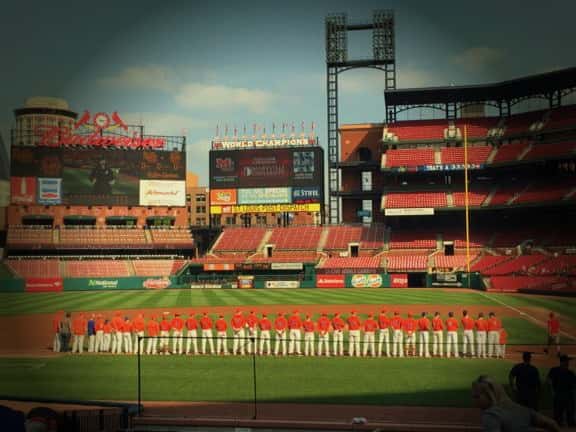 The Marshals on the field at Busch Stadium for the National Anthem before last season game Notre Dame of Cape Girardeau.