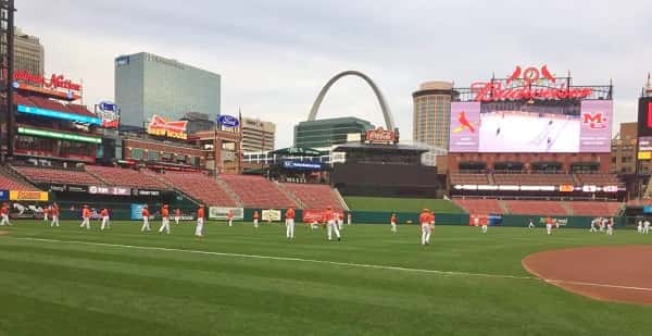 The Marshals on the field at Busch Stadium warming up before Saturday's game. Photos by Marshall County Baseball.