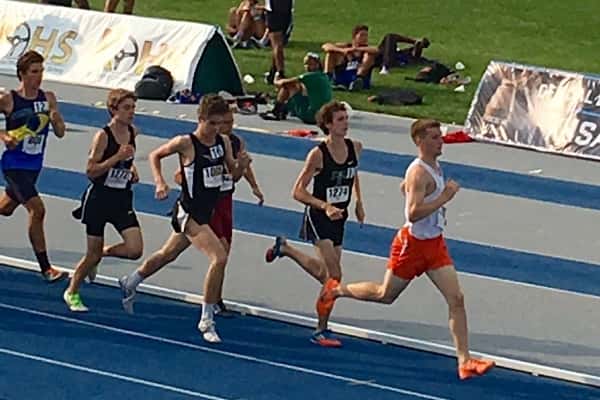 Collin Gunn on the track running the 1600 meters in Saturday's KHSAA State Track and Field Championships. Gunn finished 10th in the state in the event.