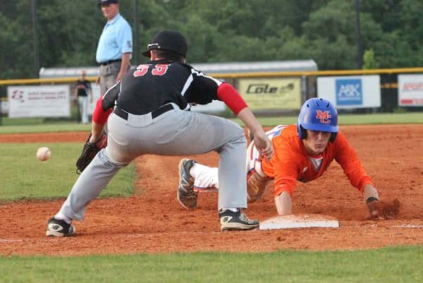 Lucas Forsythe was forced back to 1st base in the Marshals Region 1 Tournament game against Hickman County.