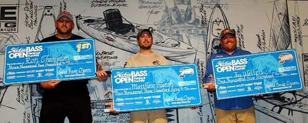 The top three finishers from the Hobie Bass Open (L-R) Ron Champion, Matthew Scotch and Jay Wallen.
