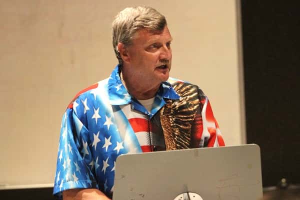 Gayron Ferguson spoke about The Hugs Project at Tuesday's Flag Day Ceremony in Benton.
