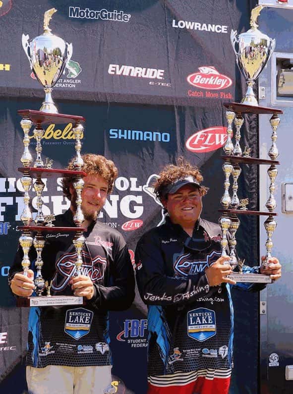 Coleton Jennings (left) and Peyton Porter show off their hardware after winning the 2016 High School Fishing World Finals.