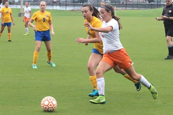 Taylor Droke with the ball, heads toward the goal in the Lady Marshals 10-0 season opener win over St. Mary.
