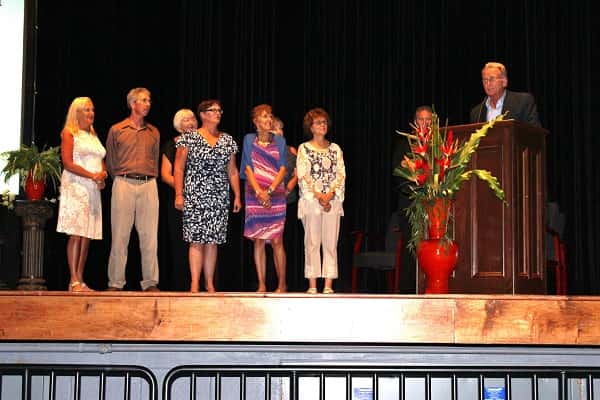 The family of James Burnett Holland received his Hall of Fame Class of 2016 plaque on his behalf in the induction ceremony Thursday at the Marshall County High School Performing Arts Center.