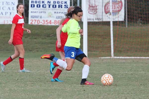 Kayla Travis taking a shot in the Lady Marshals 2-1 win over Calloway County.