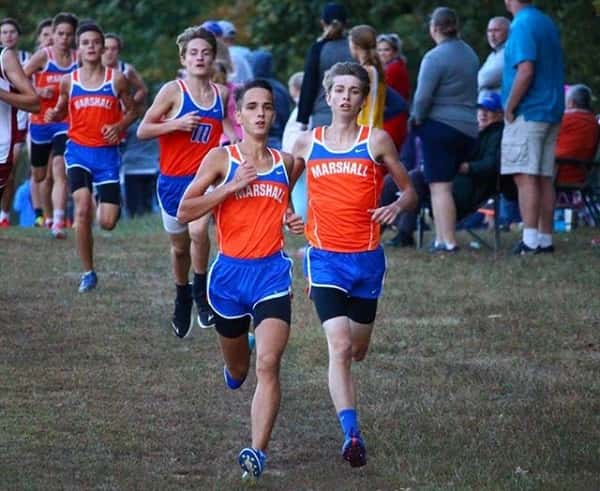 Jackson Yates (left) and Garrett Fulgham (right) lead out the Marshall County runners in Thursday's Mad Marshal Dash. Photo courtesy of MCHS XC.